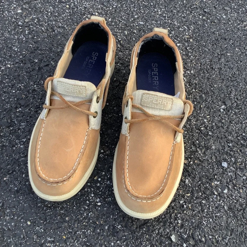 Sperry Top-Sider Womens Boat Shoes Tan Leather Canvas STS81857 Size 8.5